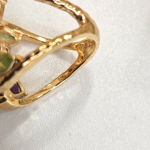 Sterling Silver Vermeil Gold Multicolor Gemstone Cluster Ring Size 6 US